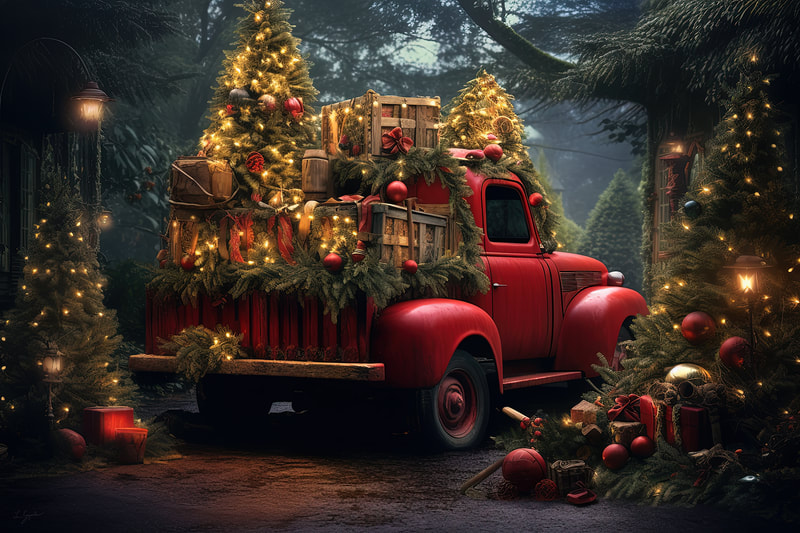 iconic red truck Christmas art