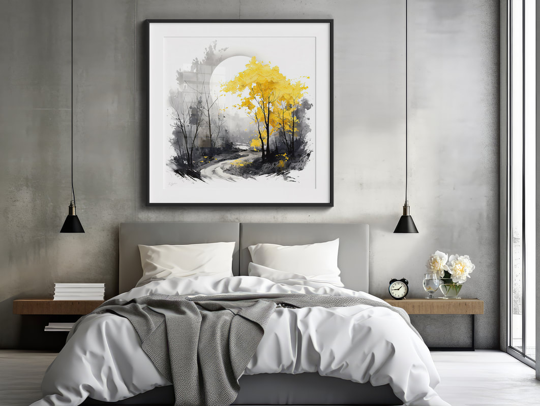 Watercolor painting of a silhouetted tree in a forest, with the moon shining through the leaves.