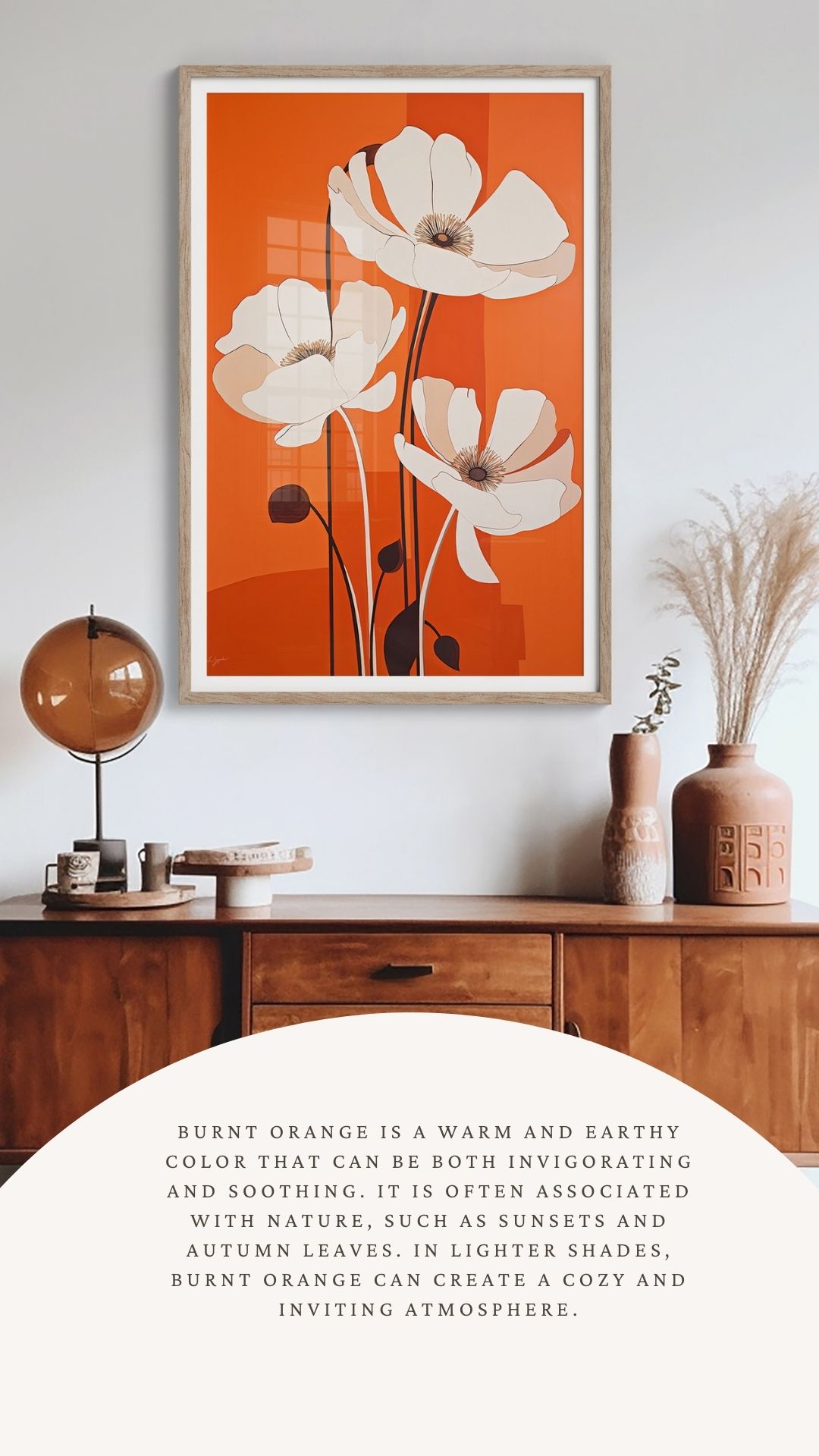modern paintings showcases the captivating interplay of white and cream florals against a mesmerizing backdrop of burnt orange, terracotta orange, teal, and turquoise
