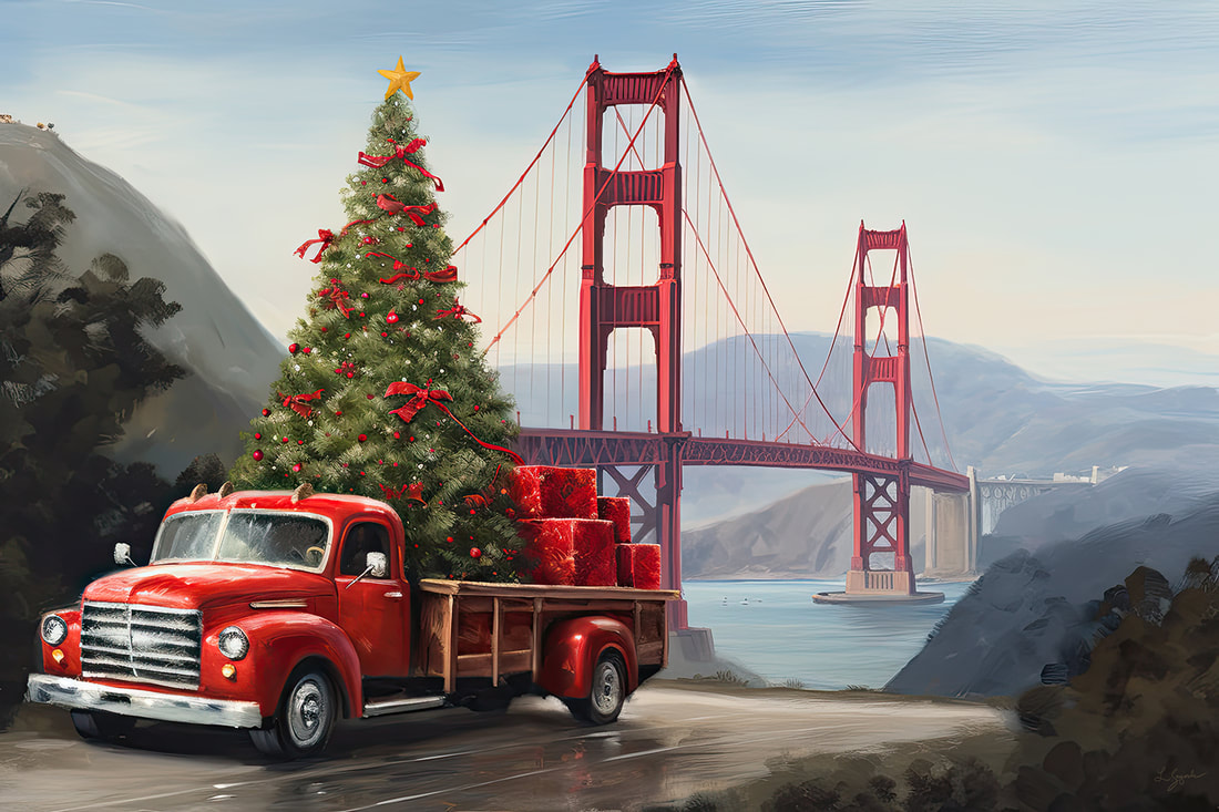 red truck loaded with gifts and christmas tree