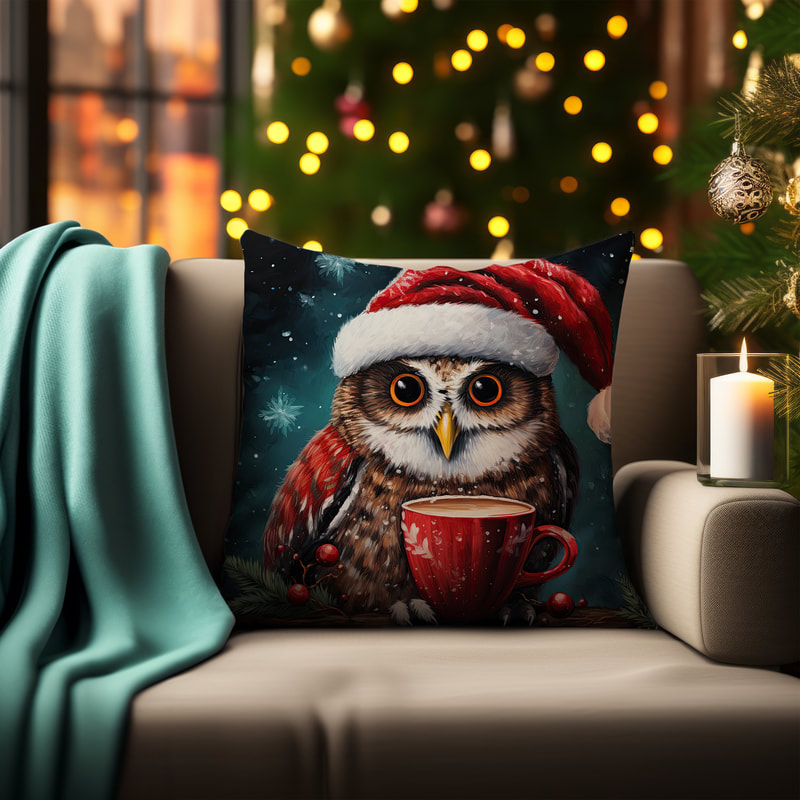 A heartwarming scene of a red cardinal and an owl, both adorned in Santa hats, enjoying a cozy cup of hot chocolate, spreading Christmas cheer through your throw pillow décor.