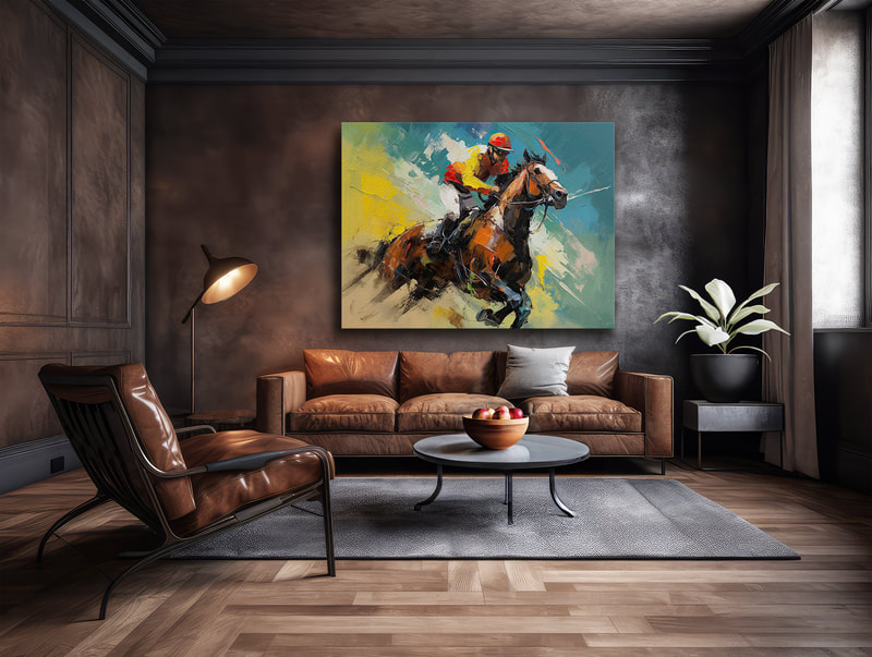 "Rider's Dream," is a reference to the determination and focus of the rider and the horse. The artist has captured the essence and the desire to be the best. The painting is a celebration of the human spirit, a reminder that anything is possible if you have the will to win. It is a reminder that we should never give up on our dreams, no matter how difficult they may seem.
