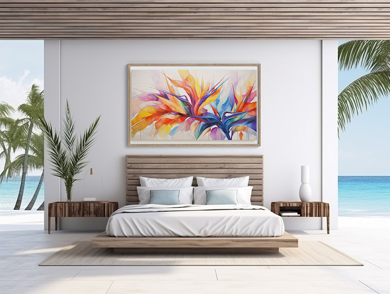 Bold strokes of turquoise, emerald, and magenta create a symphony of tropical leaves in this modern art.