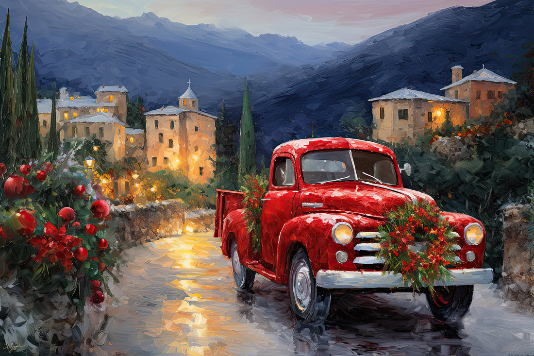A red truck in Tuscan Italy Art