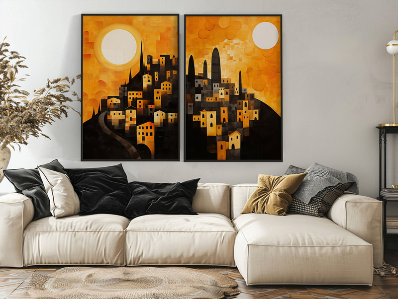 Black and gold art prints inspired by Tuscan architecture.