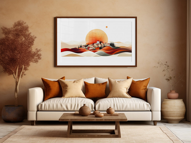 Modern Tuscan art collection: captivating landscapes in warm and olive tones.